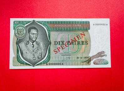 Zaire. 10 Zaires. 1979. ( Specimen )  A0000000a  Pick 24as  ( Uncirculated)