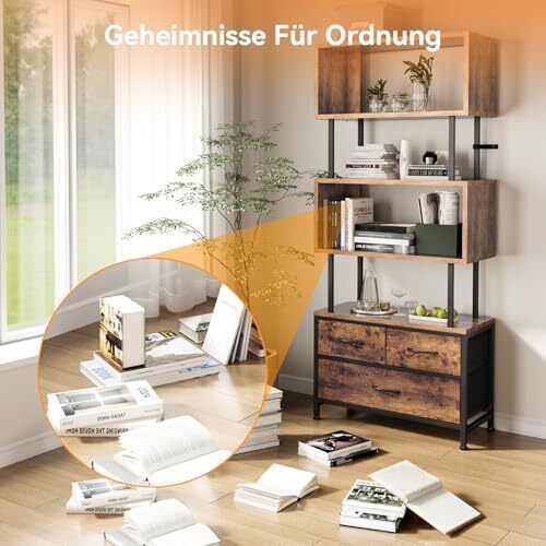 Vintage Bookcase,Shelf with 5 Levels,Standing Shelf with 3 Fabric Drawers, Shelf Slim