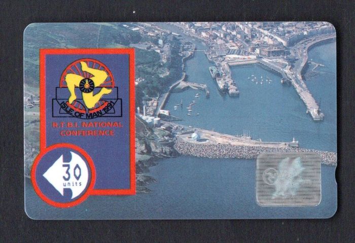 1991 Isle of Man 20 unit Aerial View of Iom  Harbour RTBI National Conference Douglas Isle of Man (GPT - Magnetic) Phone Card