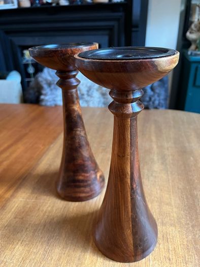 Pair of mixed wood with metal insert candlestick holders