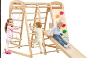 Jungle gym wooden Toddler Indoor Playground, 109 x 120 x 119.5 cm, with Wood and Rope Ladder, Net Ladder, Swing, Monkey Bar, Slide, Climbing Wall, Wooden Indoor Climbing Toys for Kids