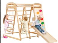 main image for ad Jungle gym wooden Toddler Indoor Playground, 109 x 120 x 119.5 cm, with Wood and Rope Ladder, Net Ladder, Swing, Monkey Bar, Slide, Climbing Wall, Wooden Indoor Climbing Toys for Kids