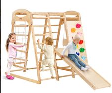 Jungle gym wooden Toddler Indoor Playground, 109 x 120 x 119.5 cm, with Wood and Rope Ladder, Net Ladder, Swing, Monkey Bar, Slide, Climbing Wall, Wooden Indoor Climbing Toys for Kids