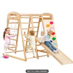Jungle gym wooden Toddler Indoor Playground, 109 x 120 x 119.5 cm, with Wood and Rope Ladder, Net Ladder, Swing, Monkey Bar, Slide, Climbing Wall, Wooden Indoor Climbing Toys for Kids