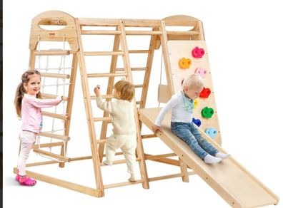 Jungle gym wooden Toddler Indoor Playground, 109 x 120 x 119.5 cm, with Wood and Rope Ladder, Net Ladder, Swing, Monkey Bar, Slide, Climbing Wall, Wooden Indoor Climbing Toys for Kids