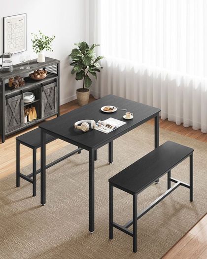 Industrial Dining Table Set with 2 Benches Kitchen Dining Set Rustic Breakfast Table for 4