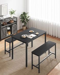 Dining table, kitchen table set, with 2 benches