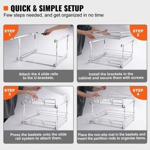 2 Tier 41 cm x 53.3 cm Pull Out Cabinet Organizer, Heavy Duty Slide Out Pantry Shelves, Chrome-Plated Steel Roll Out Drawers