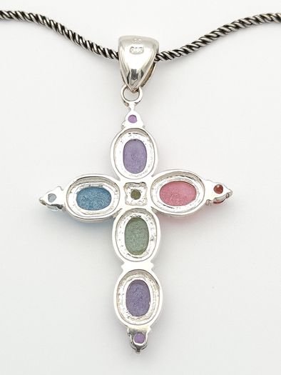 Vintage 925 Sterling Silver Multi Gemstone Cross Necklace
