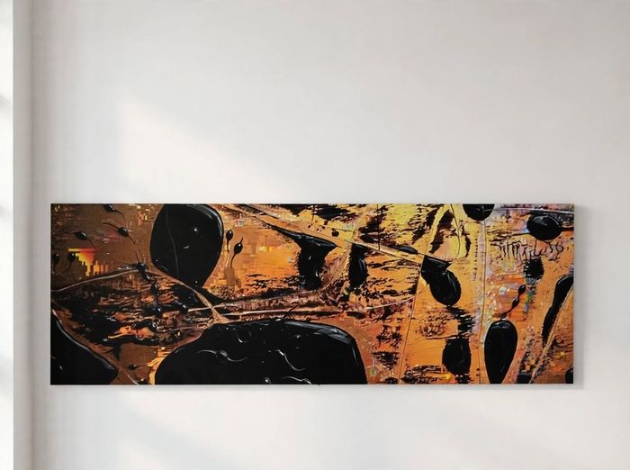 Limited edition contemporary tech-art, abstract series - Black oil spheres / gold leaf texture