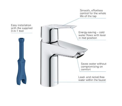 Grohe QuickFix Start SilkMove EnergySaving Cloakroom Mono Basin Mixer Tap with Waste - Chrome