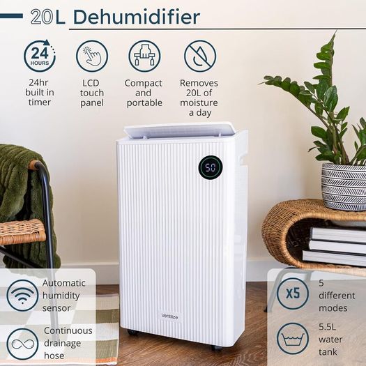 Premium 2-in-1 Dehumidifier 20L with Active Carbon Air Filter Smart LCD Touch Control For Damp Mould & Condensation Continuous Drain Option, Laundry Dry Mode, 24H Timer Energy Efficient by Ventilize