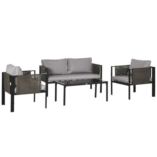 4 Piece Metal Garden Furniture Set - Includes Tempered Glass Coffee Table, Texteline Pocket, Outdoor Patio Set with Loveseat, Single Armchairs and Padded Cushions, Light Grey