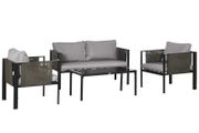 4 Piece Metal Garden Furniture Set - Includes Tempered Glass Coffee Table, Texteline Pocket, Outdoor Patio Set with Loveseat, Single Armchairs and Padded Cushions, Light Grey