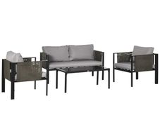 4 Piece Metal Garden Furniture Set - Includes Tempered Glass Coffee Table, Texteline Pocket, Outdoor Patio Set with Loveseat, Single Armchairs and Padded Cushions, Light Grey