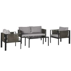 4 Piece Metal Garden Furniture Set - Includes Tempered Glass Coffee Table, Texteline Pocket, Outdoor Patio Set with Loveseat, Single Armchairs and Padded Cushions, Light Grey