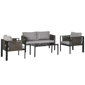 4 Piece Metal Garden Furniture Set - Includes Tempered Glass Coffee Table, Texteline Pocket, Outdoor Patio Set with Loveseat, Single Armchairs and Padded Cushions, Light Grey