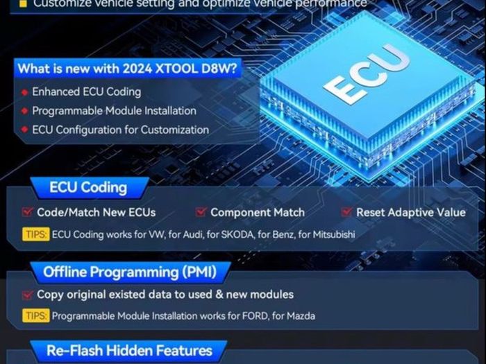 XTOOL D8W D8S Bluetooth Car Diagnostics , mileage correction Tool Automotive Scanner  ECU Coding Bi-directional 42+ Resets CANFD DOIP FCA Topology