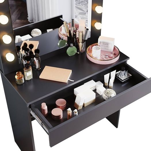 dressing table with stool, illuminated mirror, drawers, cosmetic table with 12 lights, 10 adjustable brightness, 3 colors, dressing table chest of drawers for bedroom, black, 80x40x140cm.