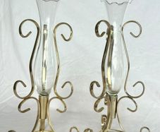 Pair of Vintage Glass Bud Vases with Gold Metal Scroll Stands