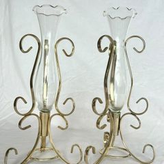 Pair of Vintage Glass Bud Vases with Gold Metal Scroll Stands
