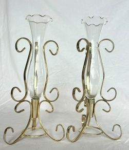 Pair of Vintage Glass Bud Vases with Gold Metal Scroll Stands