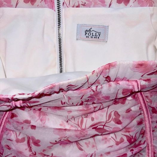 Oh Polly UK12 Pink Floral Ruched Mini Skirt Y2K Bodycon Mesh