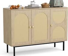 Sideboard Storage Cabinet, Kitchen Cupboard Storage with 3 Doors, Rattan Buffet Cabinet for Living Room, Dining Room, Kitchen, Hallway