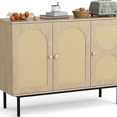 Sideboard Storage Cabinet, Kitchen Cupboard Storage with 3 Doors, Rattan Buffet Cabinet for Living Room, Dining Room, Kitchen, Hallway