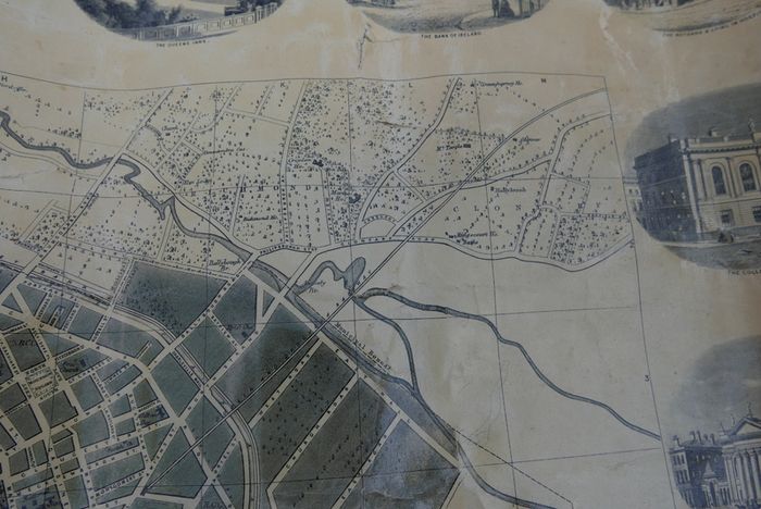 Antique DUBLIN. Map of Dublin & Suburbs with 22 vignettes of Dublin landmarks. Published by Edward Heffernan, 1st June, 1868, 12 Charleville Road, Rathmines. 28" x 22,5". Linen backed. Frayed at edges