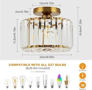 Ceiling Lights, Semi Flush K9 Crystal Chandelier Lamp with Metal Lampshade, E27 Gold Ceiling Lighting, Modern Light Fittings for Kitchen Hallway Living Room Bedroom Hall Home Decoration