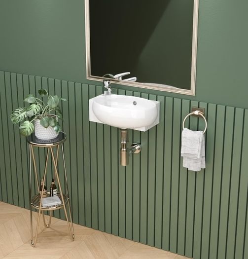 Wall Hung Ceramic Bathroom Sink, White Wash Basin 42x28x12.5cm  Modern Ceramic Basin, Wall-Mounted Cloakroom Basin with Overflow, Left Tap Hole, Space-Saving Corner Sink Basins for Bathroom