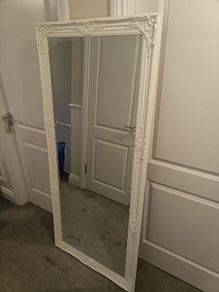 Large white, baroque style, ornate full length mirror