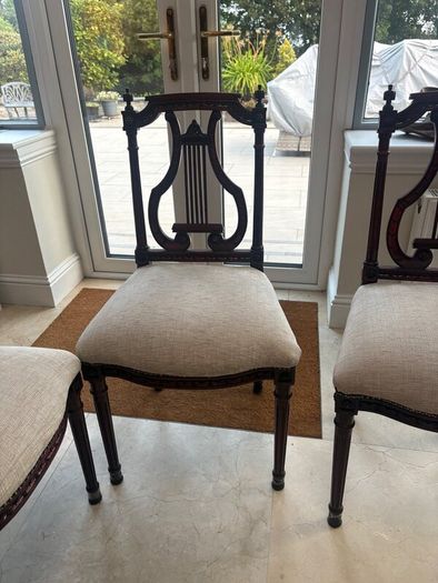 Set of six vintage carved harp back dining chairs