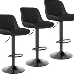 Bar Stools Set of 3, Swivel Counter Height Barstools with Back, Adjustable PU Leather Bar Chairs, Modern Armless Kitchen Island Stool, Black