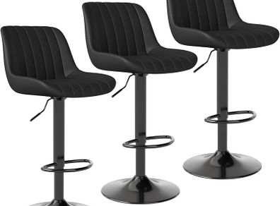 Bar Stools Set of 3, Swivel Counter Height Barstools with Back, Adjustable PU Leather Bar Chairs, Modern Armless Kitchen Island Stool, Black
