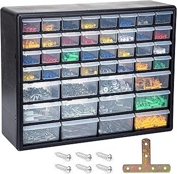 44 Drawer Screw Storage Organiser Cabinet, Wall Mounted Small Parts Storage with Adjustable Dividers, Plastic Tool Drawer Unit for Garage, Workshop & Craft(Black)