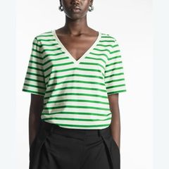 COS Green & White Striped V-Neck T-Shirt - Organic Cotton Jersey S