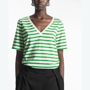 COS Green & White Striped V-Neck T-Shirt - Organic Cotton Jersey S