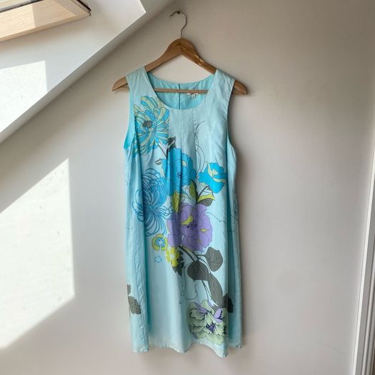 Peppercorn 100% Silk Turquoise Floral Shift Dress Medium