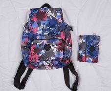 Kipling Blue Pink Floral Print Compact City Backpack Matching Wallet Set