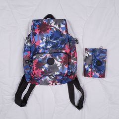 Kipling Blue Pink Floral Print Compact City Backpack Matching Wallet Set