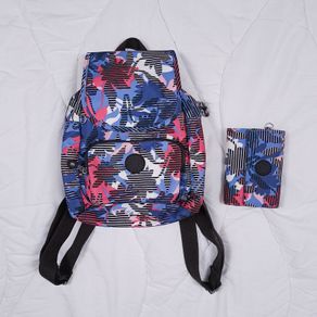 Kipling Blue Pink Floral Print Compact City Backpack Matching Wallet Set