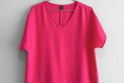 Pre Owned Bright Pink Swiss Dot V-Neck Short Sleeve Blouse
