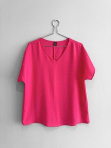 Pre Owned Bright Pink Swiss Dot V-Neck Short Sleeve Blouse
