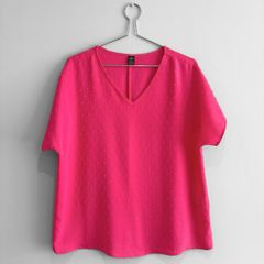Pre Owned Bright Pink Swiss Dot V-Neck Short Sleeve Blouse
