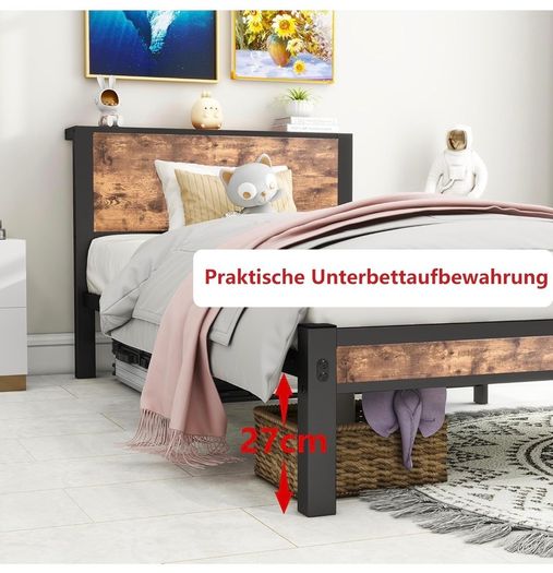 Single Bed Frame with Wood Storage Headboard, 90 x190 cm, Brown 3ft Metal Bed Frame Single for Adults Kids, Mattress Base, Underbed Storage, No Box Spring Needed