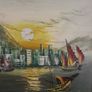 Vintage Oil Painting on Board of Boats in a Harbour Image 4