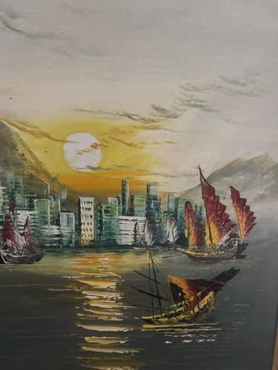 Vintage Oil Painting on Board of Boats in a Harbour