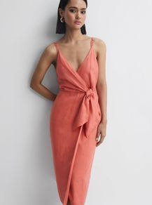 REISS Linen Midi Dress in Coral UK 12 - NEW